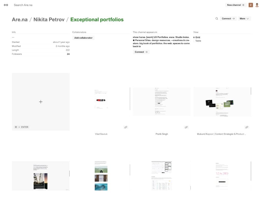 Nikita Petrov’s “Exceptional portfolios” channel on Are.na